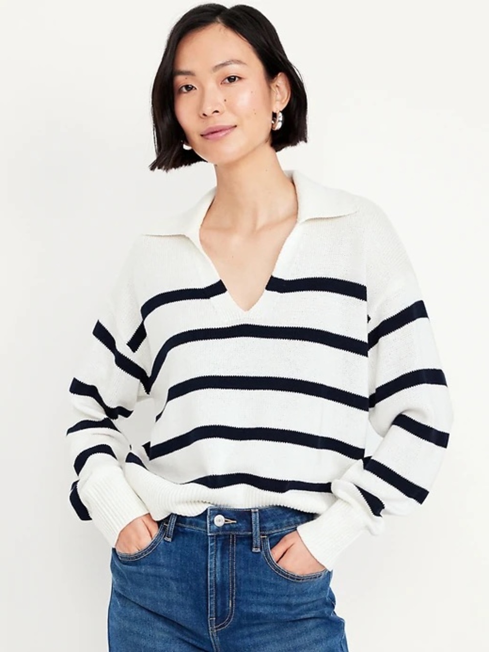 Old Navy White Sweater with Black Stripe V-Neck Pullover Polo Collar Ribbed 2X